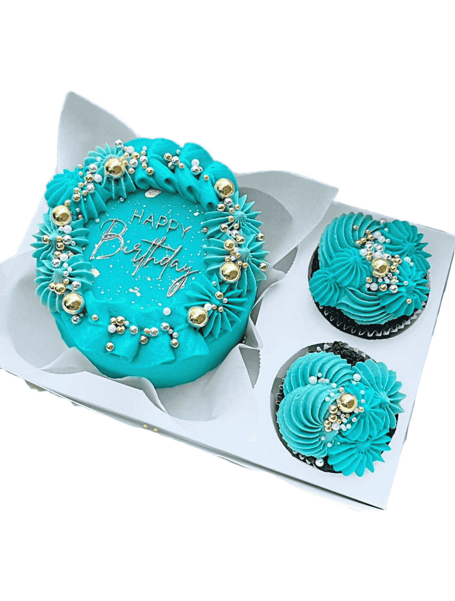 Teal Luxe Bento Cake with Matching Cupcakes