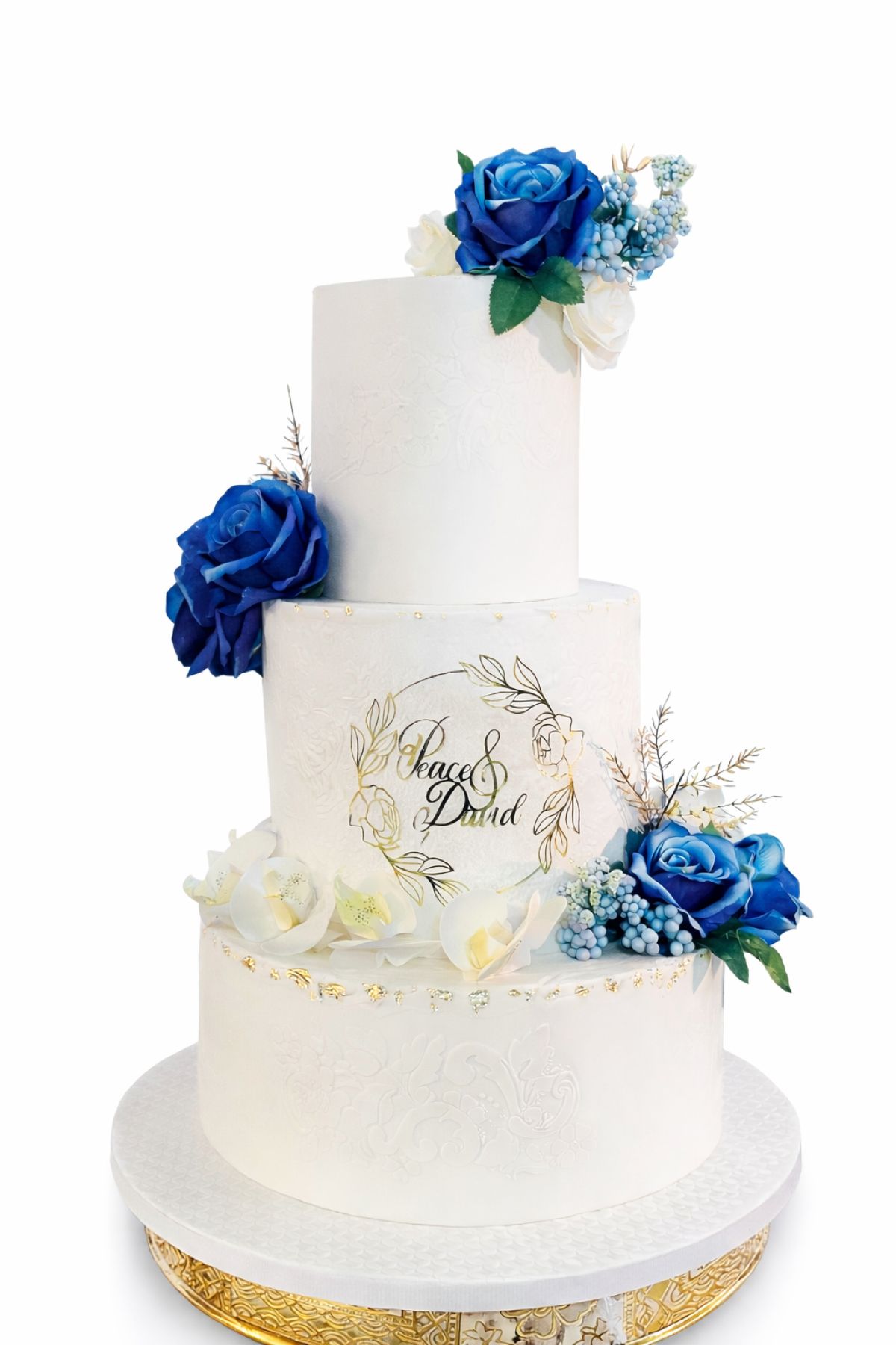White and Blue Floral Tiered Wedding Cake