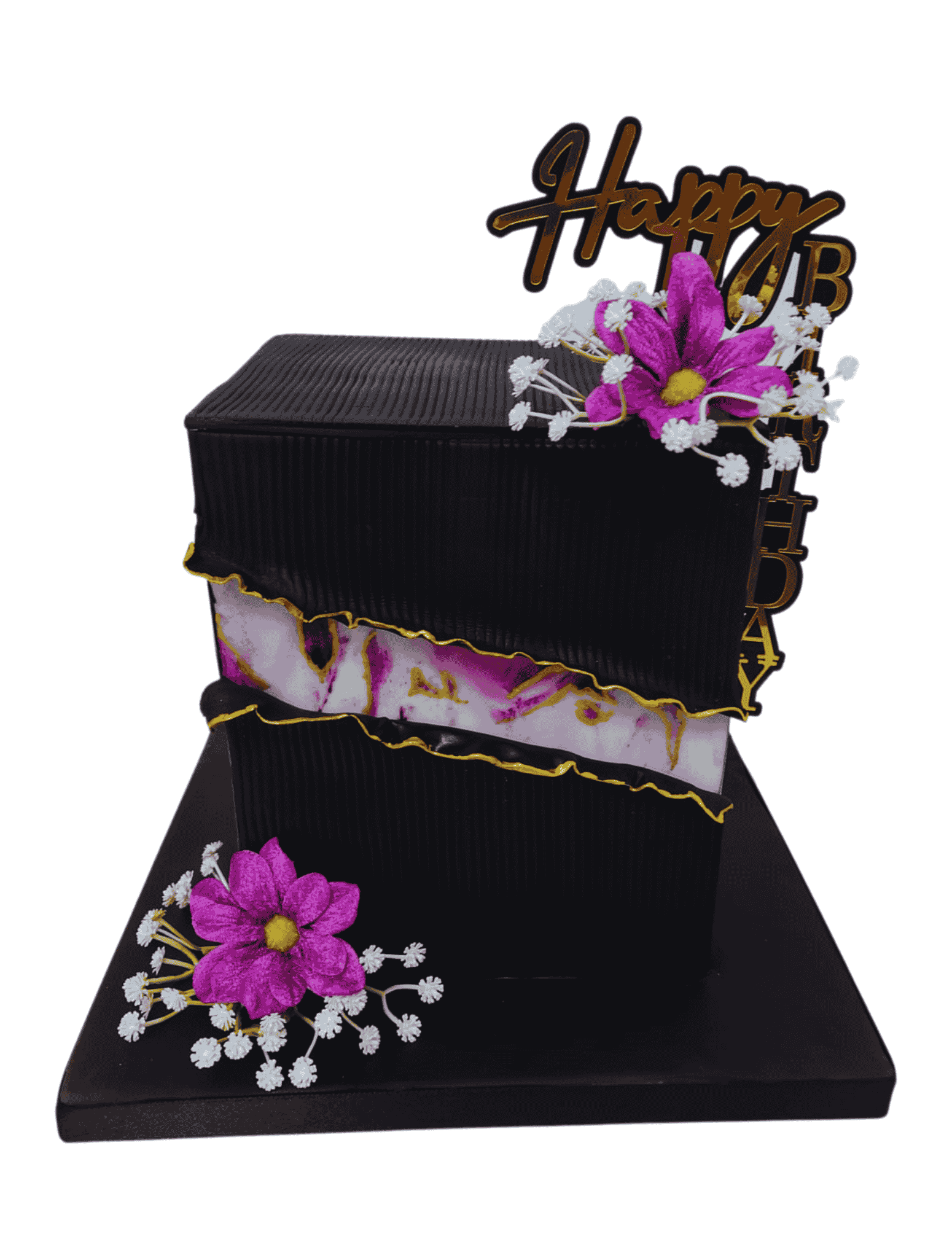 Black Ribbed Elegant Flower Cake